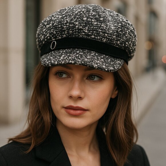 ✨ Nine West Tweed Velvet-Band Newsboy Cap — Black & White (RN 110188) main image 5